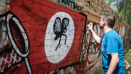 Un artiste recouvre un tag néonazi sur un mur à Berlin, le 11 mai 2016. (SOPHIA KEMBOWSKI / DPA)