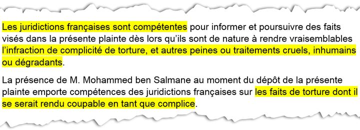 Extrait de la plainte déposée, lundi 9 avril, à Paris, contre le prince héritier d'Arabie saoudite. (RADIO FRANCE)