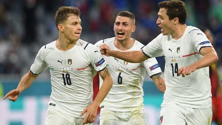 &nbsp;Nicolo Barella a marqué contre la Belgique, le 2 juillet 2021.&nbsp; (CHRISTOF STACHE / AFP)