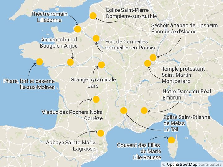 Les sites emblématiques du loto du patrimoine 2020 en&nbsp;métropole. (FRANCEINFO)