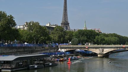 Les athlètes du triathlon en action lors de l'épreuve durant les Jeux olympiques de Paris, le 31 juillet 2024. (ANDREJ ISAKOVIC / AFP)