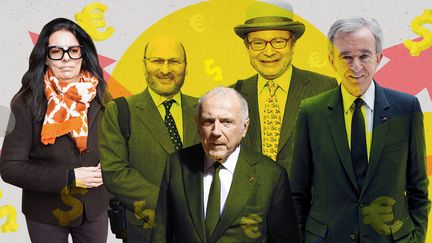 De gauche à droite :&nbsp;Françoise Bettencourt-Meyer,&nbsp;Gérard Wertheimer,&nbsp;François Pinault, Alain Wertheimer et&nbsp;Bernard Arnault, les cinq Français les plus riches. (PHOTOS : AFP, GETTY – MONTAGE : PIERRE-ALBERT JOSSERAND / FRANCEINFO)