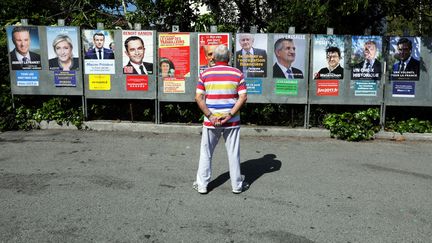 Un homme regarde les affiches des onze candidats à la présidentielle, à Saint-André-de-la-Roche (Alpes-Maritimes), le 10 avril 2017. (ERIC GAILLARD / REUTERS)