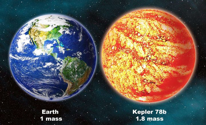 Comparaison de la Terre et de l'exoplan&egrave;te Kepler 78b, situ&eacute;e dans la constellation du Cygne. (DAVID A. AGUILAR / AP / SIPA)