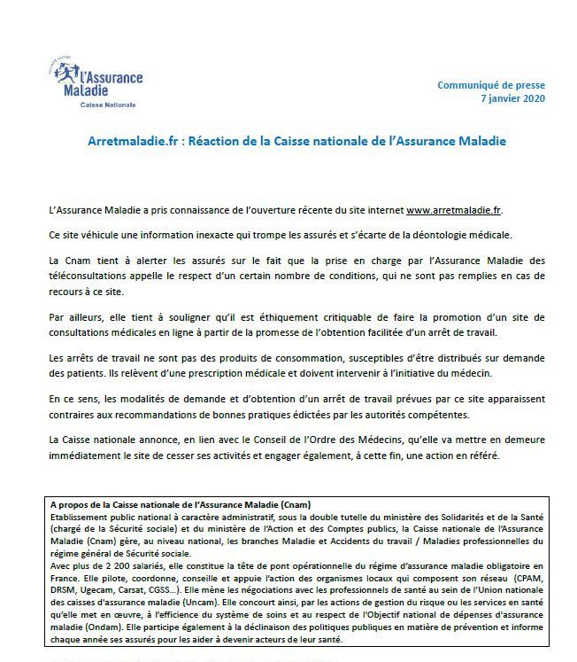 Communiqué de la Caisse Nationale d'Assurance Maladie du 7 janvier 2020. (CNAM)