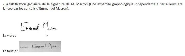 Capture d'écran d'un document fourni par En marche !, comparant une signature attribuée à Emmanuel Macron et celle du candidat. (EN MARCHE / FRANCEINFO)