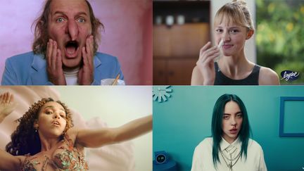 Saisies écrans des clips sortis en 2019 de Philippe Katerine, Angèle, Lana Del Rey, FKA Twigs, Billie Eilish et Iggy Pop. (YOUTUBE)