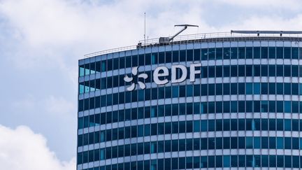 Le logo d'EDF s'affiche sur des bureaux de l'entreprise à La Défense, près de Paris, le 9 mai 2022. (XOSE BOUZAS / HANS LUCAS / AFP)