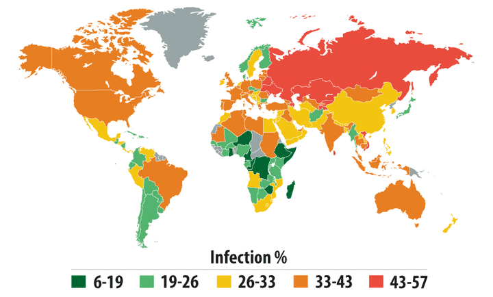 Carte des pays les plus infectés au monde, à partir des données 2013 de Kaspersky.