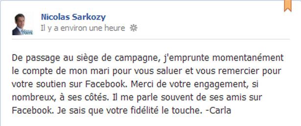 Capture d'écran de la page Facebook de Nicolas Sarkozy (FTV2012)