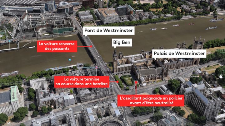 Les lieux de l'attaque au Parlement britannique à Londres, le 22 mars 2017.&nbsp; (GOOGLE MAPS / FRANCEINFO)