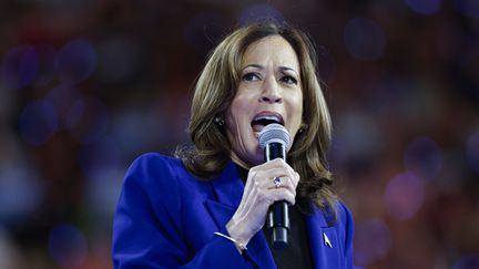 Kamala Harris pendant la convention du Parti démocrate, à Chicago, le 20 août 2024. (KAMIL KRZACZYNSKI / AFP)