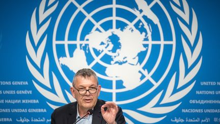 Le commissaire général de l'Unrwa, Philippe Lazzarini, lors d'une conférence de presse à Genève (Suisse), le 30 avril 2024. (FABRICE COFFRINI / AFP)