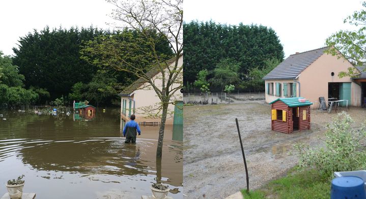 A gauche, Rémy Hautain tente d'accéder à son atelier à Nemours (Seine-Maritime) pendant les inondations, le 2 juin 2016. A droite, le jardin après la décrue, le 20 juin 2016. (MATHILDE HAUTAIN / MARIE-VIOLETTE BERNARD / FRANCETV INFO)