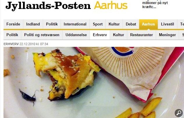 Un cafard trouv&eacute; dans un hamburger Burger-King (saisie d'&eacute;cran du Jyllands-Posten)