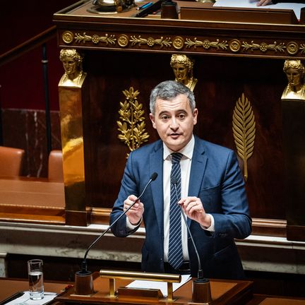 The Minister of the Interior, Gérald Darmanin, in the Senate during debates on the immigration bill, December 11, 2023. (XOSE BOUZAS / HANS LUCAS / AFP)