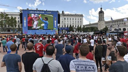 Des supporters regardent un match de l'Euro dans la "fan zone" de Bellecour, à Lyon (Rhône), le 11 juin 2016. (MAXPPP)