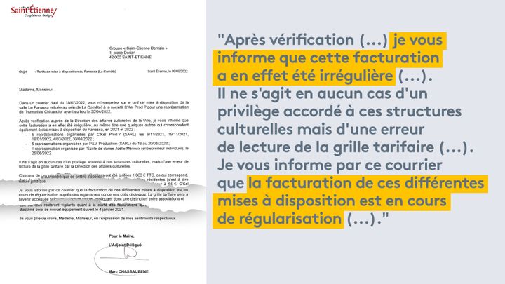 Courrier adressé par Marc Chassaubène, adjoint au maire de Saint-Etienne, en réponse au groupe Saint-Etienne Demain. (DOCUMENT FRANCEINFO)