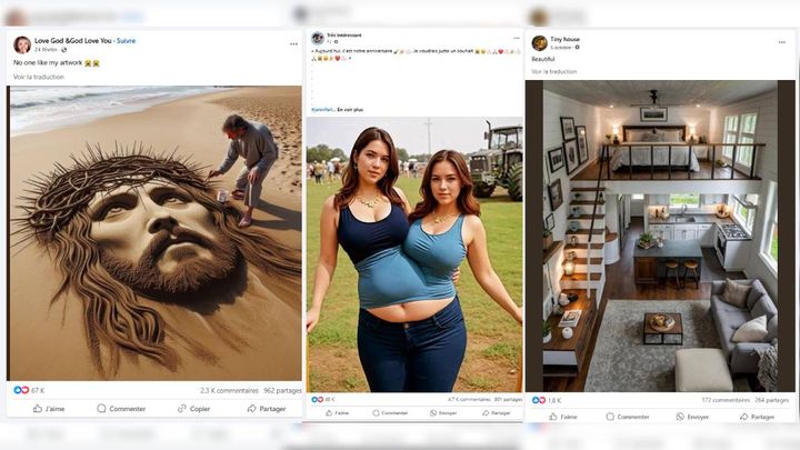 Des exemples d'images générées par intelligence artificielle publiées sur Facebook. (FACEBOOK)