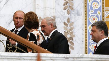 &nbsp; (Vladimir Poutine, Catherine Ashton, Alexander Lukashenko et Petro Porochenko doivent participer à une réunion d’un sommet régional à Minsk © REUTERS/Grigory Dukor)