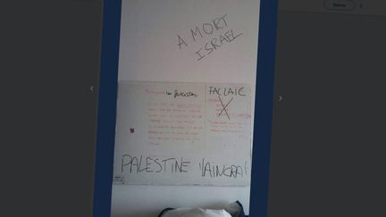 Capture d'écran d'un tweet de l'UEJF montrant des inscriptions injurieuses dans le local de l'association sur le site Tolbiac de l'université Paris-I, mercredi 28 mars 2018. (UEJF / TWITTER)