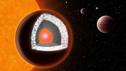 Ce dessin d'artiste permet de voir l'int&eacute;rieur de la plan&egrave;te 55 Cancri-e, faite en grande partie de diamant. Cette&nbsp;d&eacute;couverte a &eacute;t&eacute; annonc&eacute;e le 11 octobre 2012. (HAVEN GIGUERE / YALE UNIVERSITY / AFP)