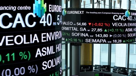 Affichage de différentes cotations chez Euronext à La Défense (Paris). Photo d'illustration. (ERIC PIERMONT / AFP)