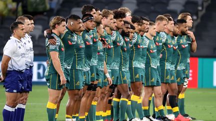 L'équipe australienne de rubgy en décembre 2020 lors d'un match des Tri-nations contre l'Argentine. (DAVID GRAY / AFP)