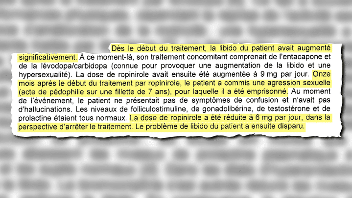 Reproduction d’un document interne de GSK datant de 2003 et mentionnant les potentiels effets indésirables du Requip. (-)