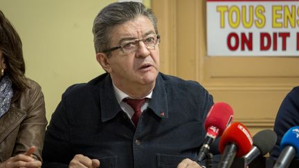 Le leader de La France insoumise, Jean-Luc Mélenchon, lors d'une conférence de presse à Marseille (Bouches-du-Rhône), le 5 avril 2018.&nbsp; (DENIS THAUST / AFP)