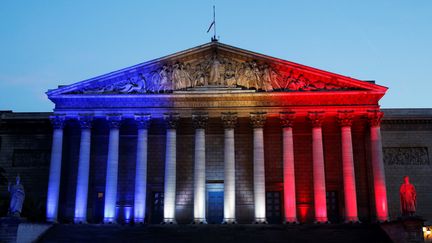 L'Assemblée nationale est illuminée aux couleurs tricolores en hommage aux victimes de l'attentat à Nice, le 15 juillet 2016, à Paris. (MATTHIEU ALEXANDRE / AFP)