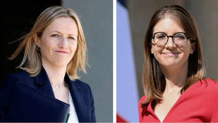 Bérangère Couillard (à gauche), ministre déléguée chargée de l’Egalité entre les femmes et les hommes et de la Lutte contre les discriminations, et la nouvelle ministre des Solidarités, Aurore Bergé, à l'Elysée. (LUDOVIC MARIN / BERTRAND GUAY / AFP)