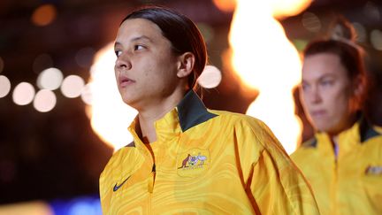 Sam Kerr avant le match amical entre l'Australie et la France, à Melbourne, le 14 juillet 2023. (MARTIN KEEP / AFP)