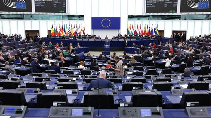 Le Premier ministre espagnol Pedro Sanchezprésente les résultats de la présidence espagnole du Conseil de l'Union européenne au Parlement européen à Strasbourg, le 13 décembre 2023. (FREDERICK FLORIN / AFP)