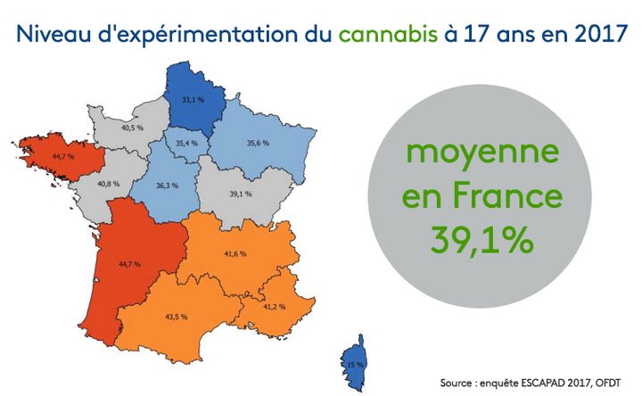 Niveau d’expérimentation du cannabis à 17 ans en 2017 /&nbsp;Source : enquête ESCAPAD 2017, OFDT (RADIO FRANCE / FRANCEINFO / STEPHANIE BERLU)