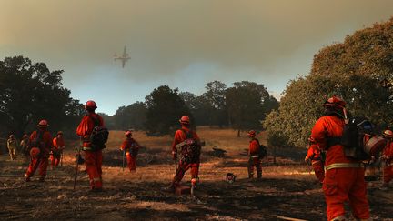 Aux côtés des pompiers professionnels qui font face aux flammes en Californie, des détenus qui participent à un programme lancé par le département correctionnel de l'Etat se portent volontaires pour combattre les incendies, ici à Lakeport en Californie, le 1er août 2018. (JUSTIN SULLIVAN / GETTY IMAGES / AFP)