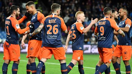 Les joueurs de Montpellier (Hérault), le 29 février 2020 au stade de la Mosson. (PASCAL GUYOT / AFP)