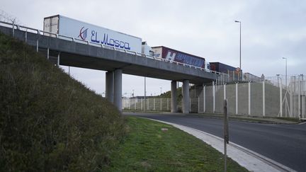 Des camions patientent à l'entrée du port de Calais, le 10 décembre 2020. (PIERRE-LOUIS CARON / FRANCEINFO)