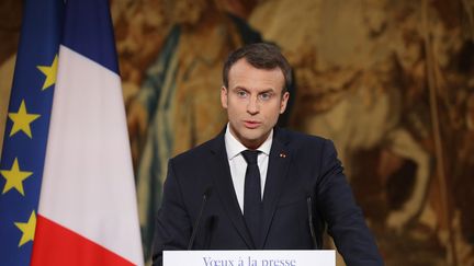 Le président Emmanuel Macron lors de ses vœux à la presse à l'Elysée, le 3 janvier 2018. (LUDOVIC MARIN / AFP)