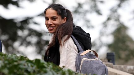 Amel Majri, de retour en équipe de France de football, lundi 3 avril, à Clairefontaine, neuf mois après avoir donné naissance à sa petite fille. (FRANCK FIFE / AFP)