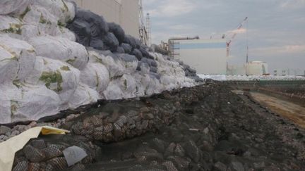 Mur de sacs de sable installés le long de la centrale de Fukushima (30-6-2011) (AFP - TEPCO)