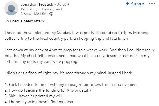 Un extrait du message laissé par Johnathan Frostick après son attaque cardiaque. (CAPTURE D'ECRAN LINKEDIN)