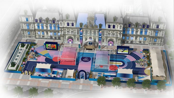 Visuel représentant le site de célébration qui sera installé à Paris, devant l'hôtel de ville, lors des Jeux olympiques et paralympiques en 2024. (Paris 2024)