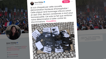 Capture d'écran du tweet dénonçant la dégradation d'une plaque en hommage au dernier couple homosexuel exécuté en&nbsp;France, publié le 6 août 2018 par Anne Hidalgo. (ANNE HIDALGO / TWITTER)