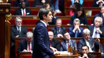 Le Premier ministre Gabriel Attal lors de sa déclaration de politique générale, le 30 janvier 2024, devant l'Assemblée nationale. (EMMANUEL DUNAND / AFP)