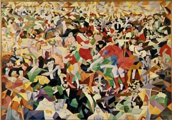 Gino Severini. La Danse du pan-pan au « Monico », Musée national d’Art moderne — centre Pompidou, Paris. Réplique d'artiste (1959-1960) exécutée à Rome d'après le tableau original (1909-1911) disparu depuis 1926.
 (© ADAGP, Paris 2014)