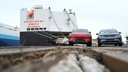 Deux modèles du constructeur automobile chinois BYD sur le port de Bremerhaven, en Allemagne, en février 2024. Photo d'illustration. (PICTURE ALLIANCE / PICTURE ALLIANCE)