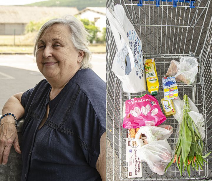 Marie-José et son chariot de courses devant le&nbsp;Lidl de Saint-Amand-Montrond (Cher), le 16 mai 2022. (YANN THOMPSON / FRANCEINFO)