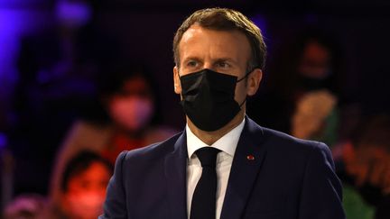 Le président de la République Emmanuel Macron, lors de la première journée du Forum Génération Egalité, le 30 juin 2021 à Paris.&nbsp; (ALBERT CARA / ANADOLU AGENCY / AFP)