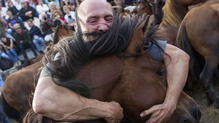 Un homme empoigne un cheval lors de la traditionnelle f&ecirc;te de "Rapa das bestas" &agrave; Sabucedo (Espagne), le 7 juillet 2012. (LALO R. VILLAR / AP / SIPA)